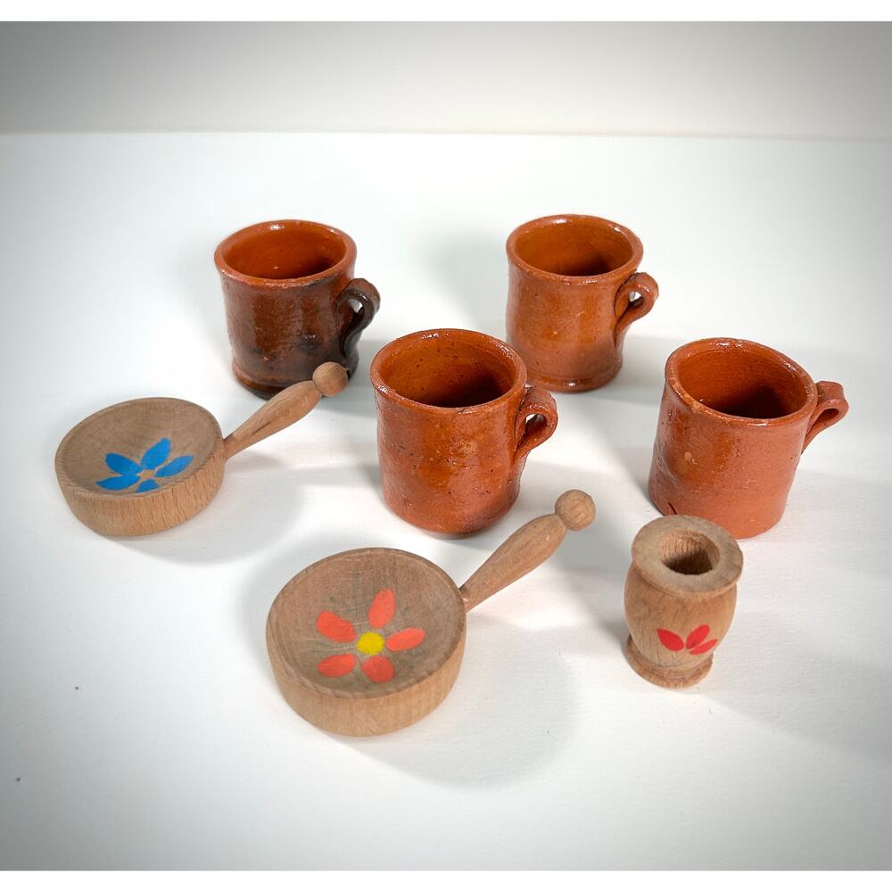 Red Clay Terra Cotta VTG Mini Mugs + 2 MCM Miniature Wooden Snack Bowls Set